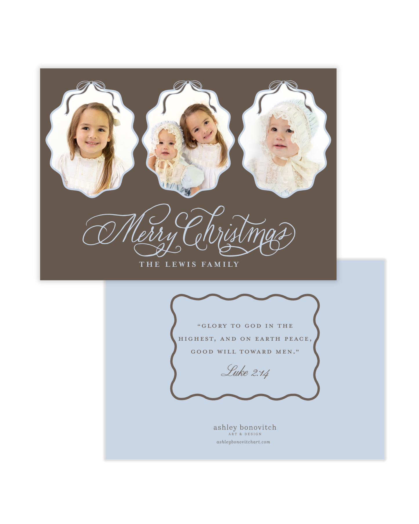 Simple Wavy Calligraphy Christmas Card in Brown With Light Blue Writing Landscape