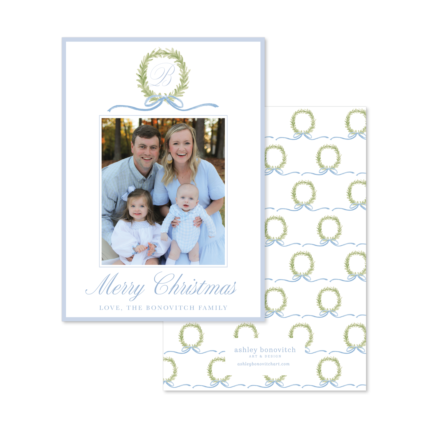Wreath Initial Christmas Card in Blue