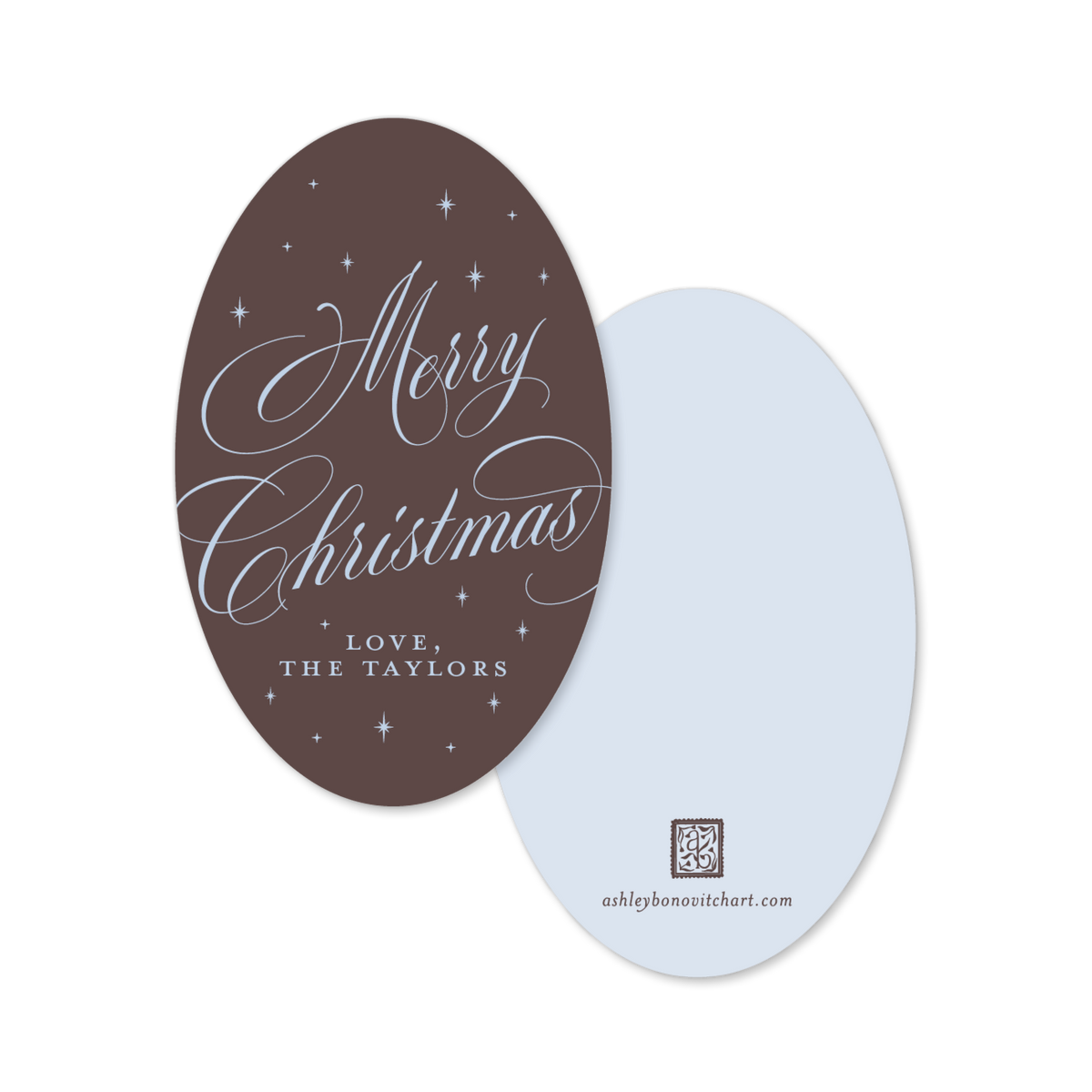 Oval Calligraphy Christmas Gift Tags in Chocolate/Blue