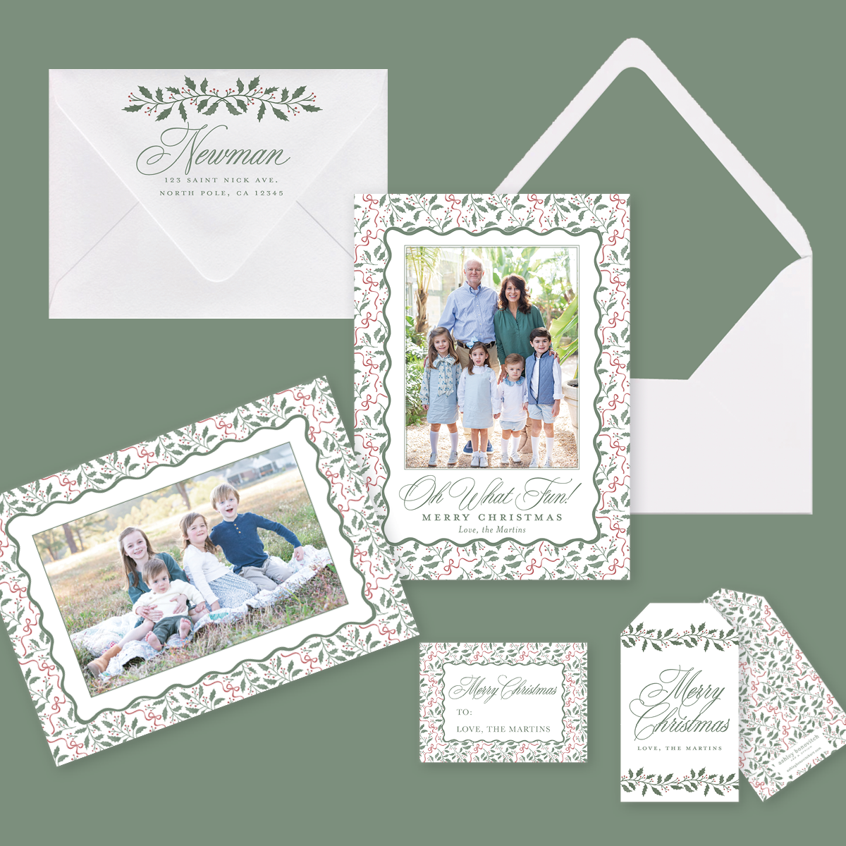 Holly Bows Christmas Card in Landscape