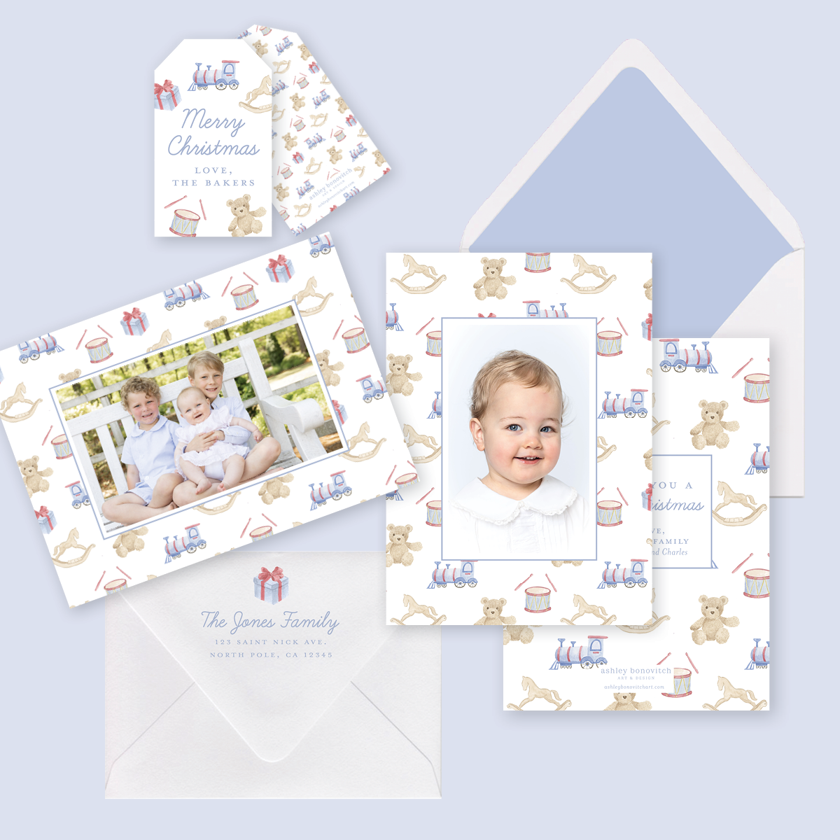 Christmas Toys Christmas Card in Blue/Red