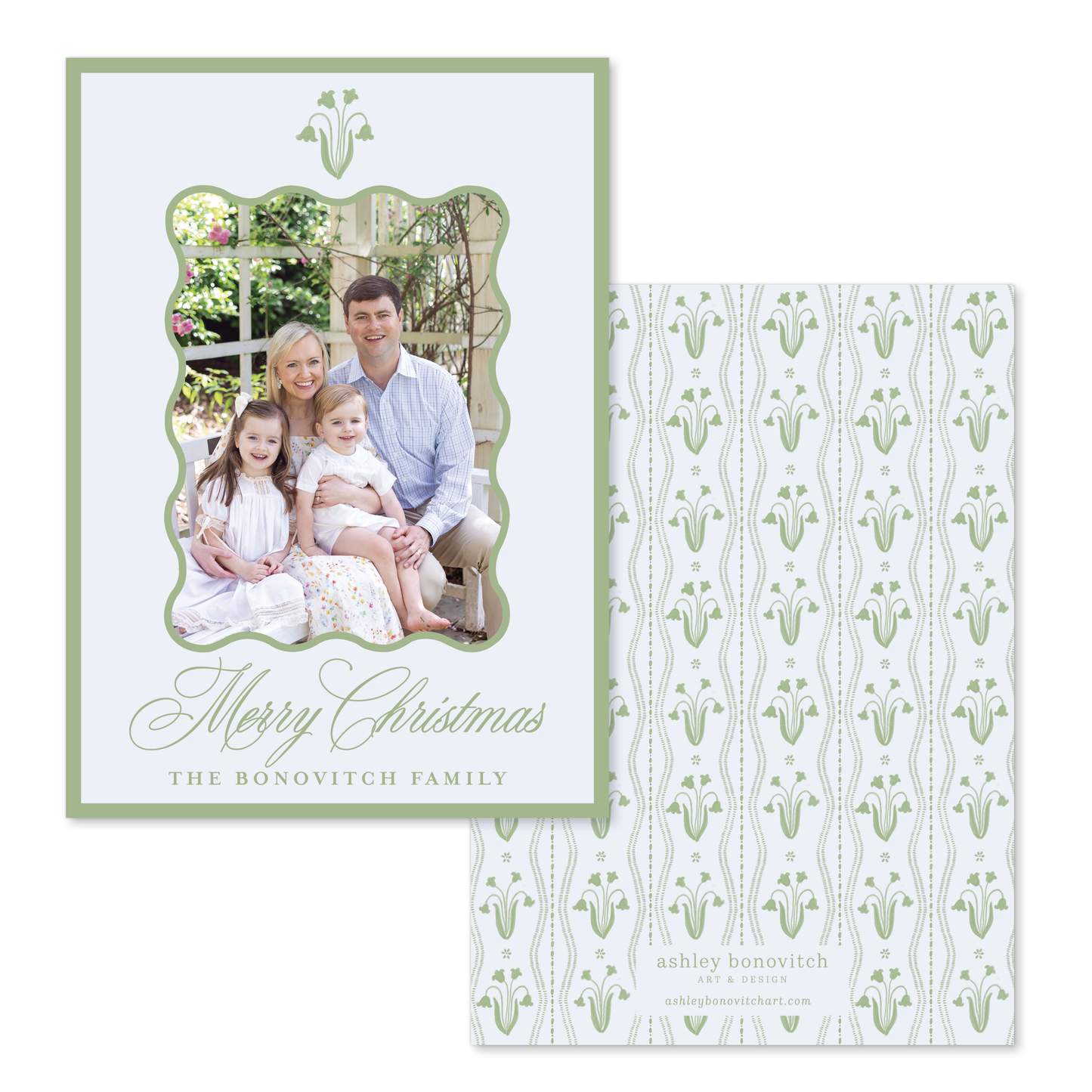 Chartreuse Floral Block Print Christmas Card