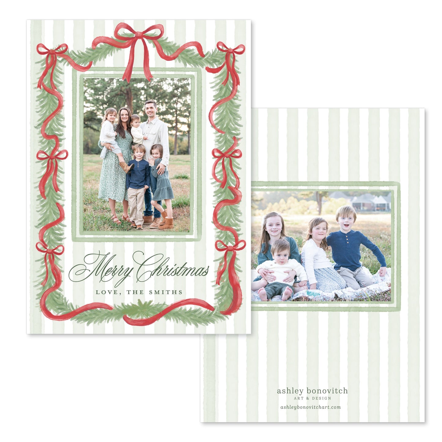 Red Ribbon Garland Stripe Christmas Card