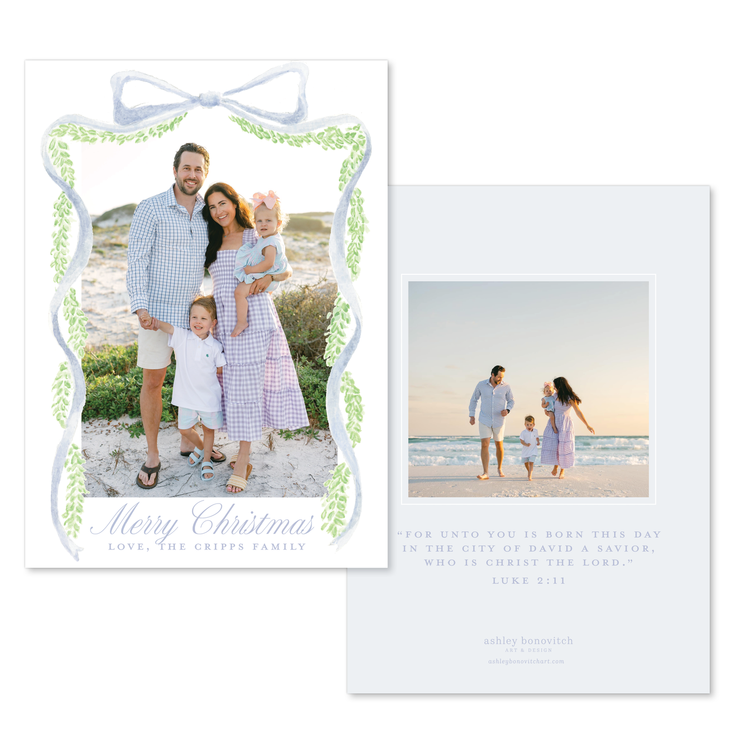 Blue Bow Garland Christmas Card