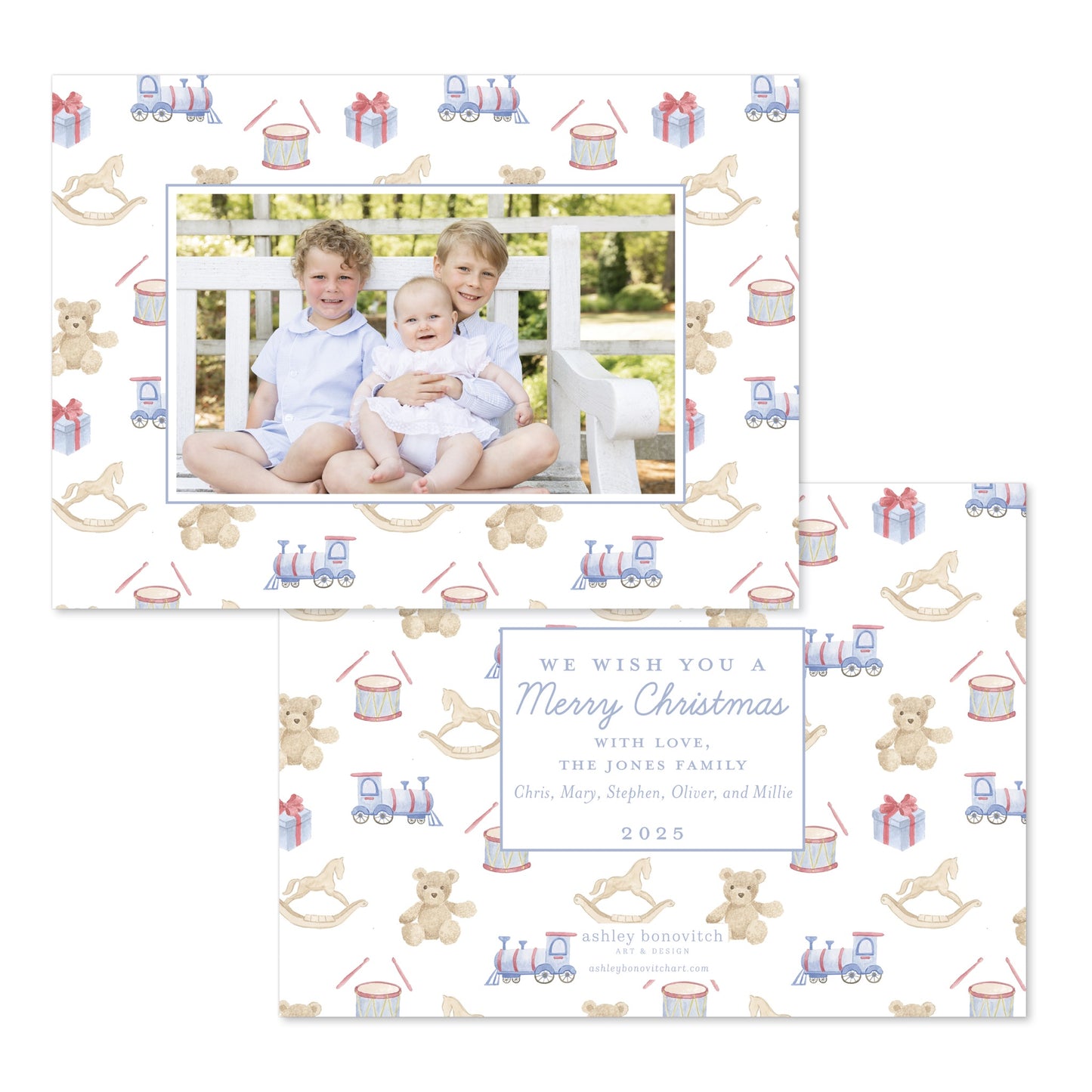 Christmas Toys Christmas Card in Blue/Red - Landscape
