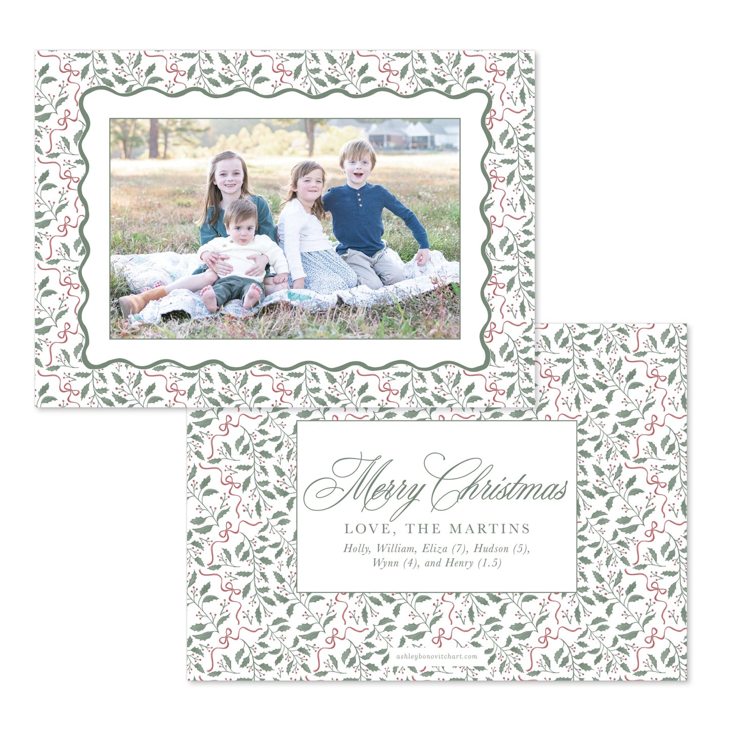 Holly Bows Christmas Card in Landscape