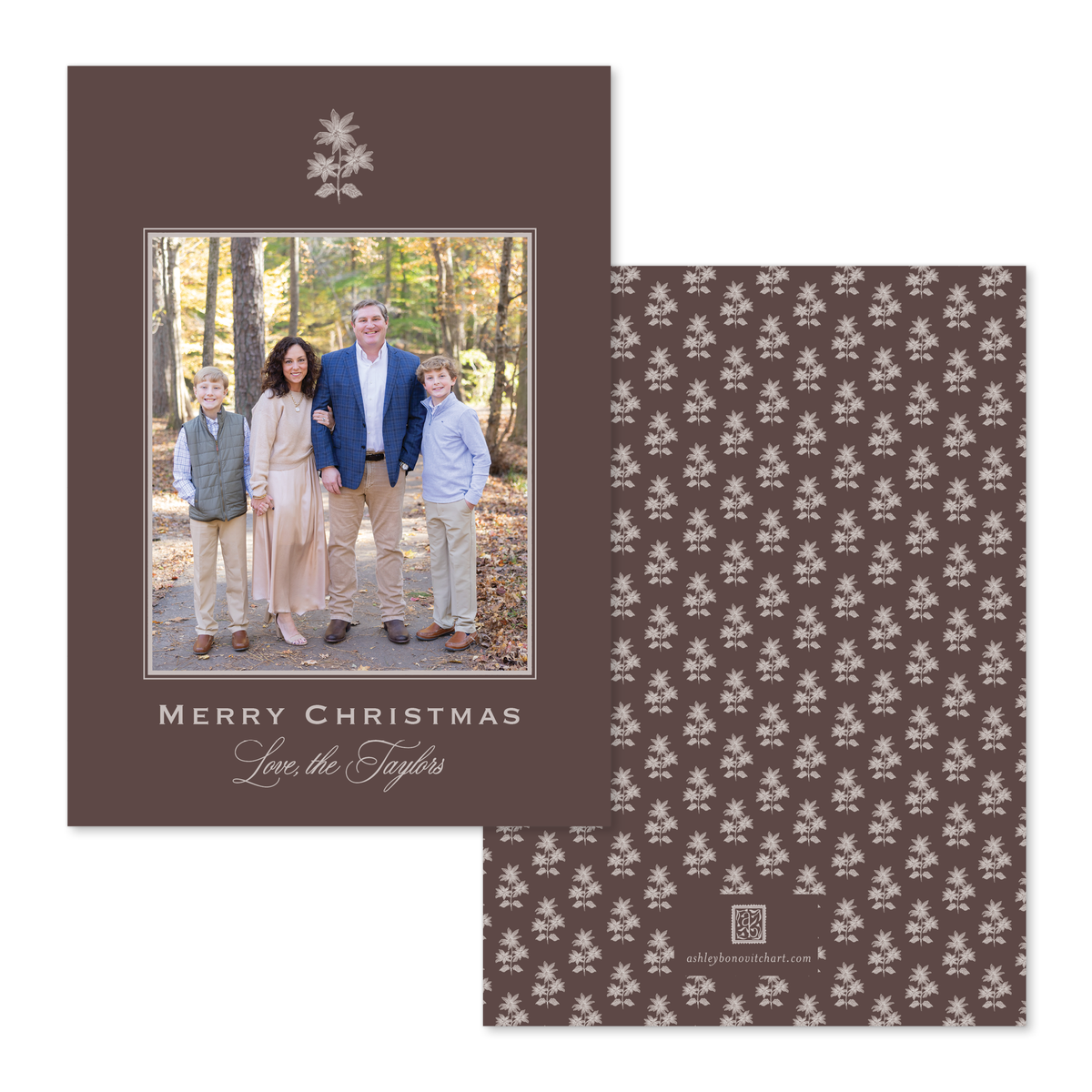 Poinsettia Block Print Christmas Card in Chocolate