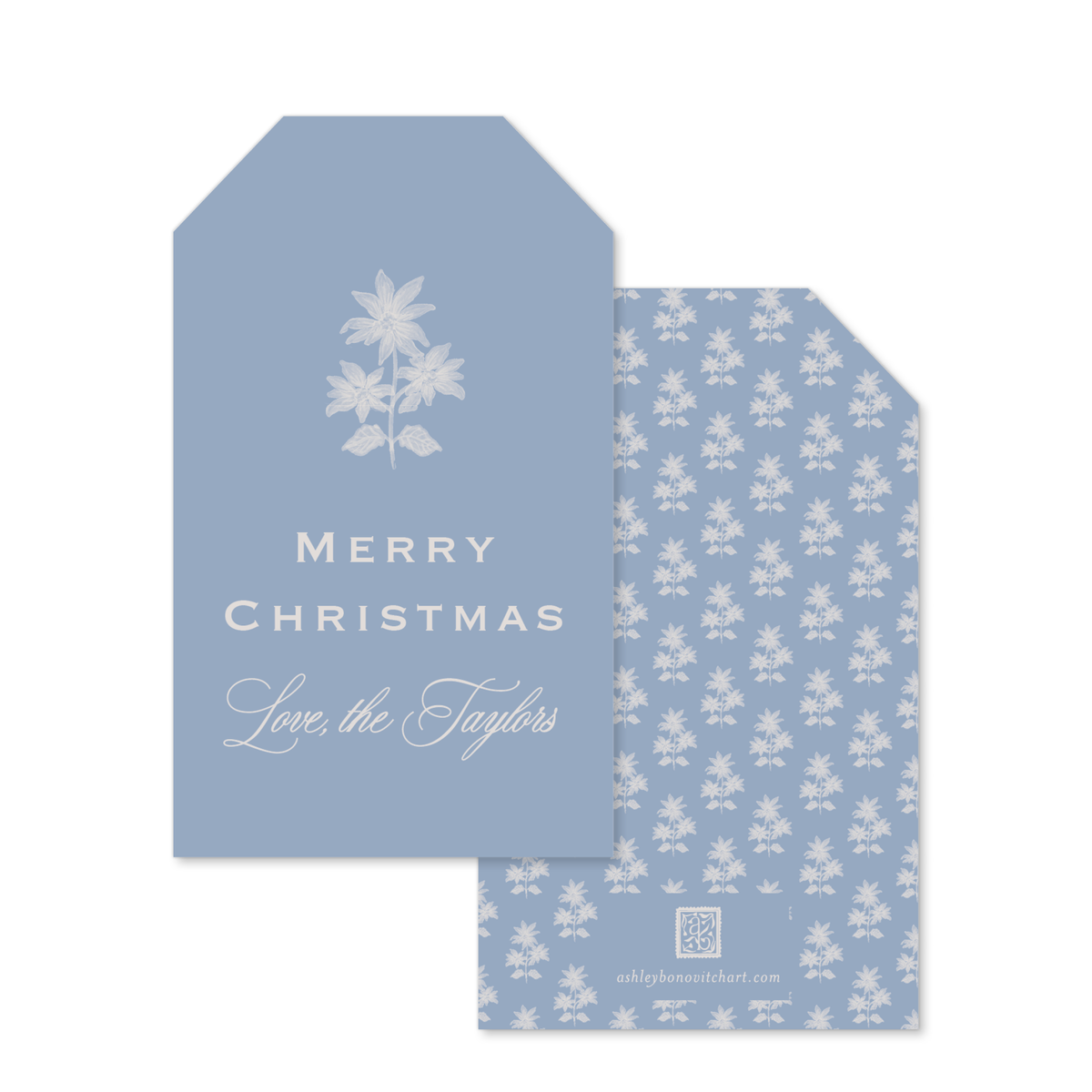 Poinsettia Block Print Gift Tags in Blue