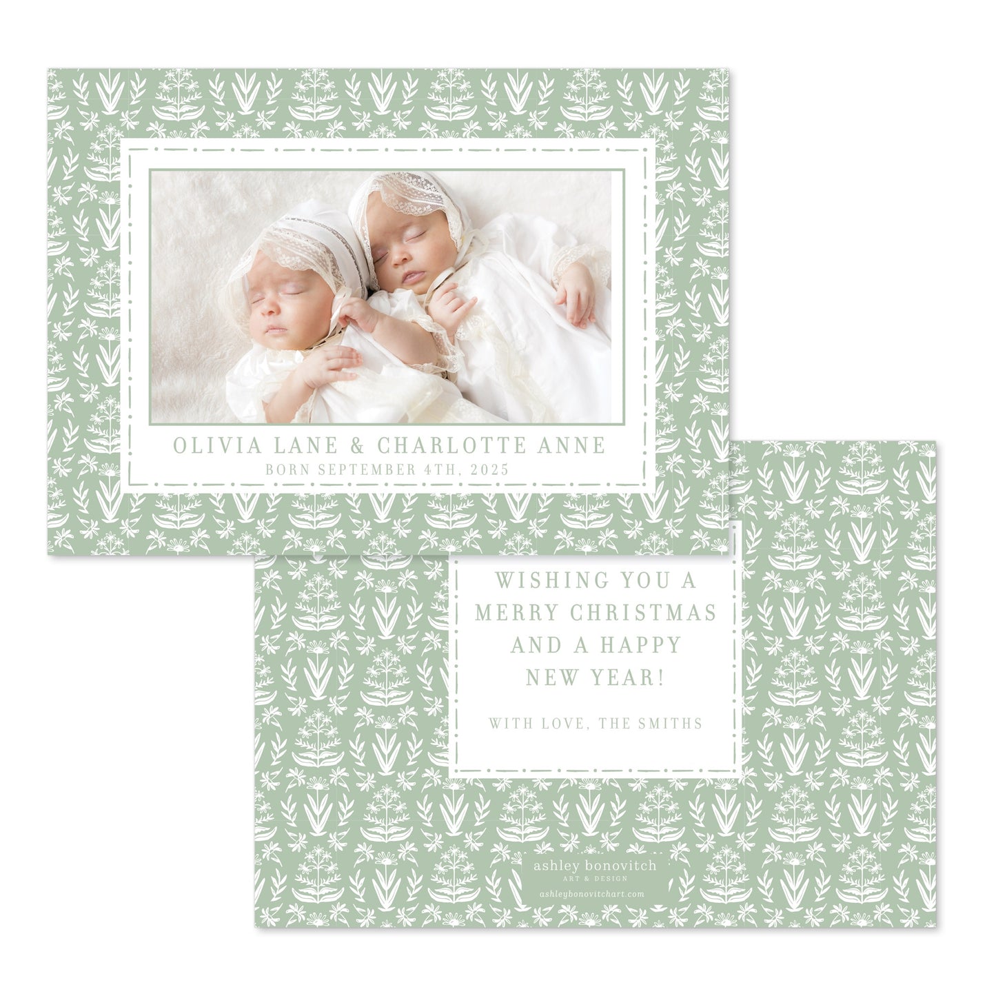 Sage Block Print Christmas Card - Landscape