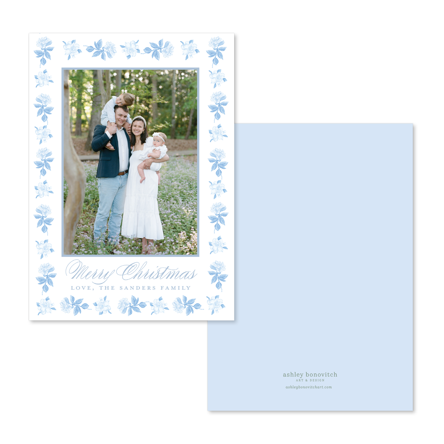 Blue Gardenia Border Christmas Card