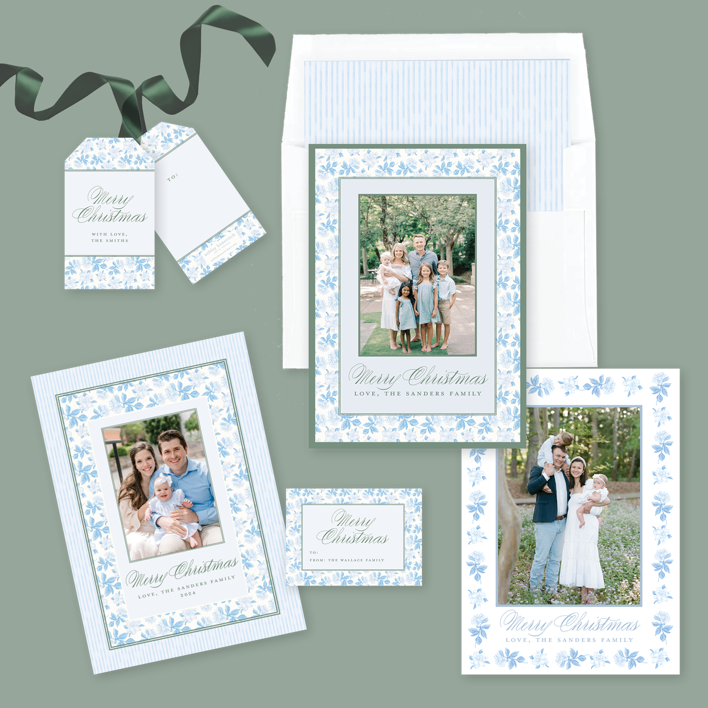 Blue Gardenia Border Christmas Card