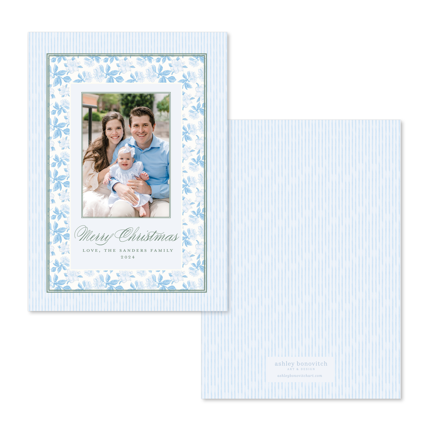 Blue Gardenia Pattern Christmas Card in Stripes