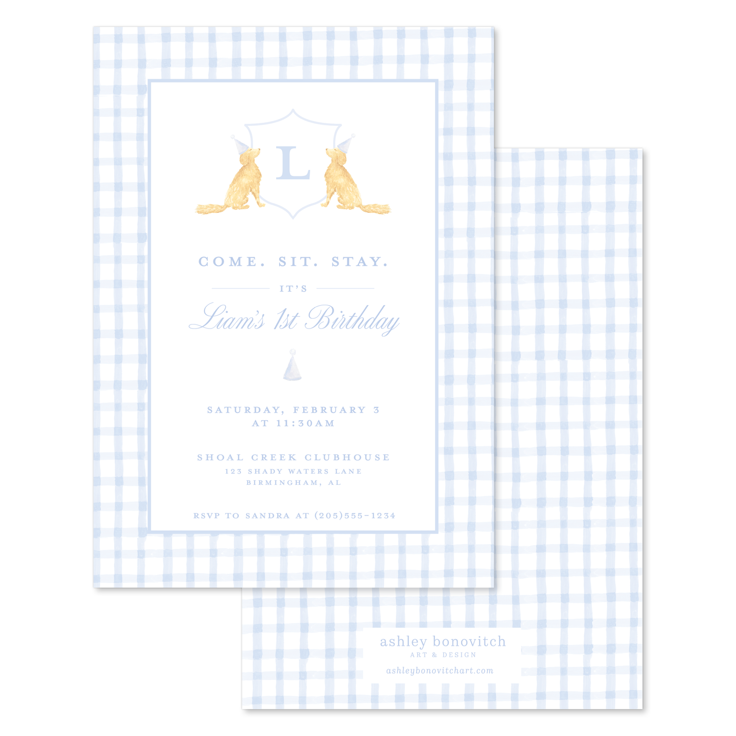 Blue Gingham Puppy Invitations