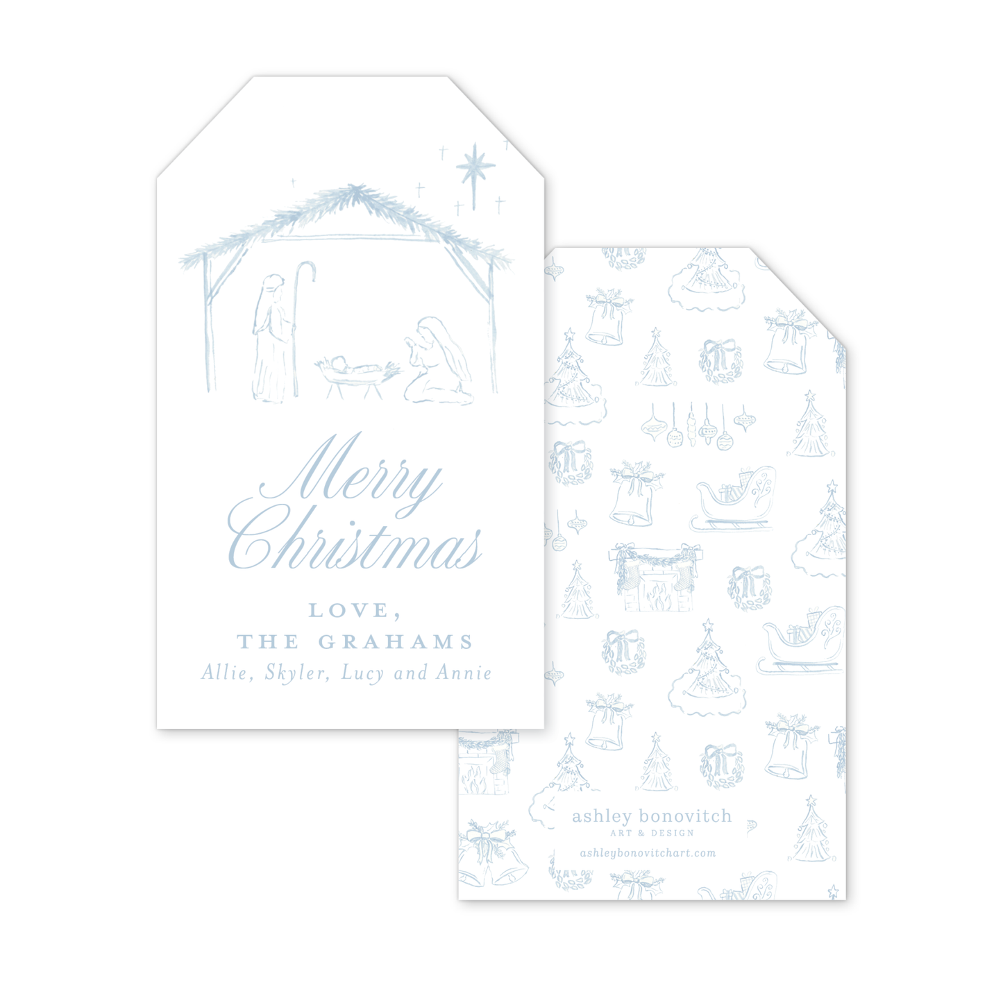 Christmas Toile Nativity Gift Tags in Blue