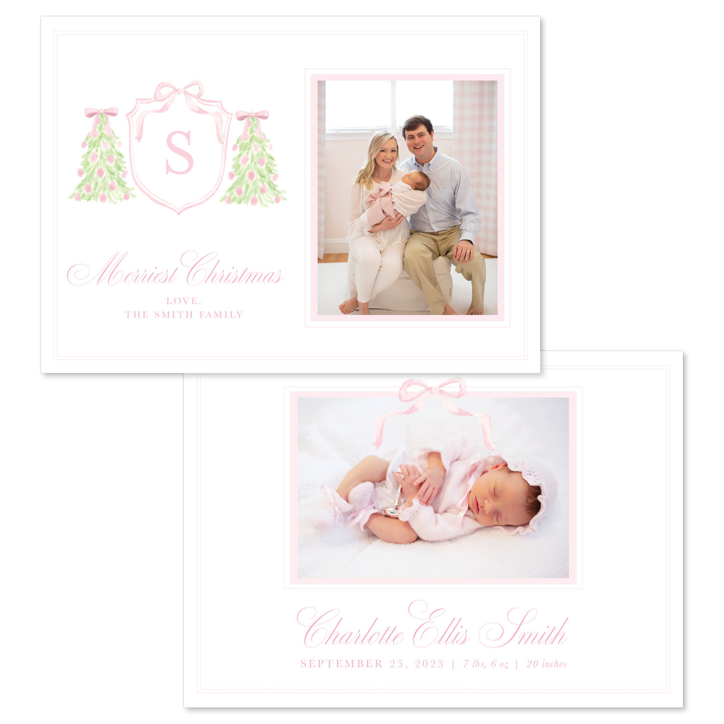 Christmas Tree Birth Announcement in Pink - Landscape