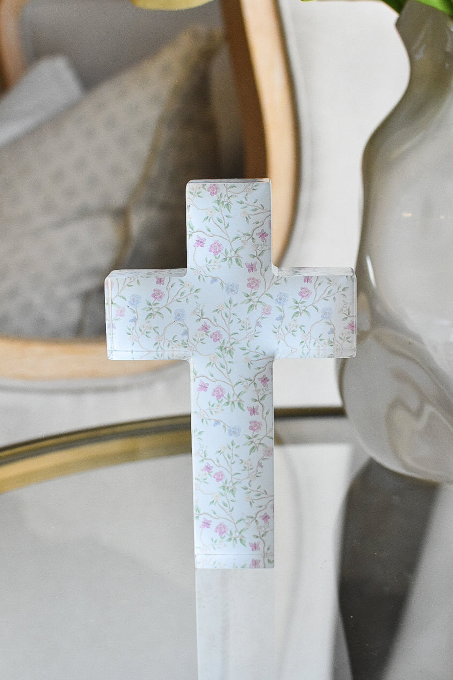 Acrylic Tabletop Cross in Blue Chinoiserie