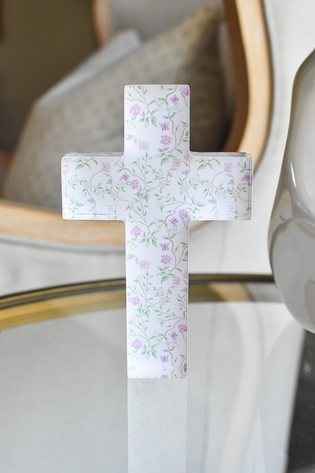 Acrylic Tabletop Cross in Pink Chinoiserie
