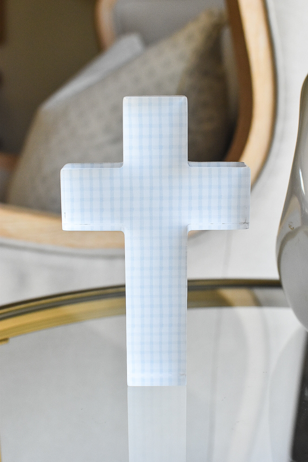 Acrylic Tabletop Cross in Blue Gingham