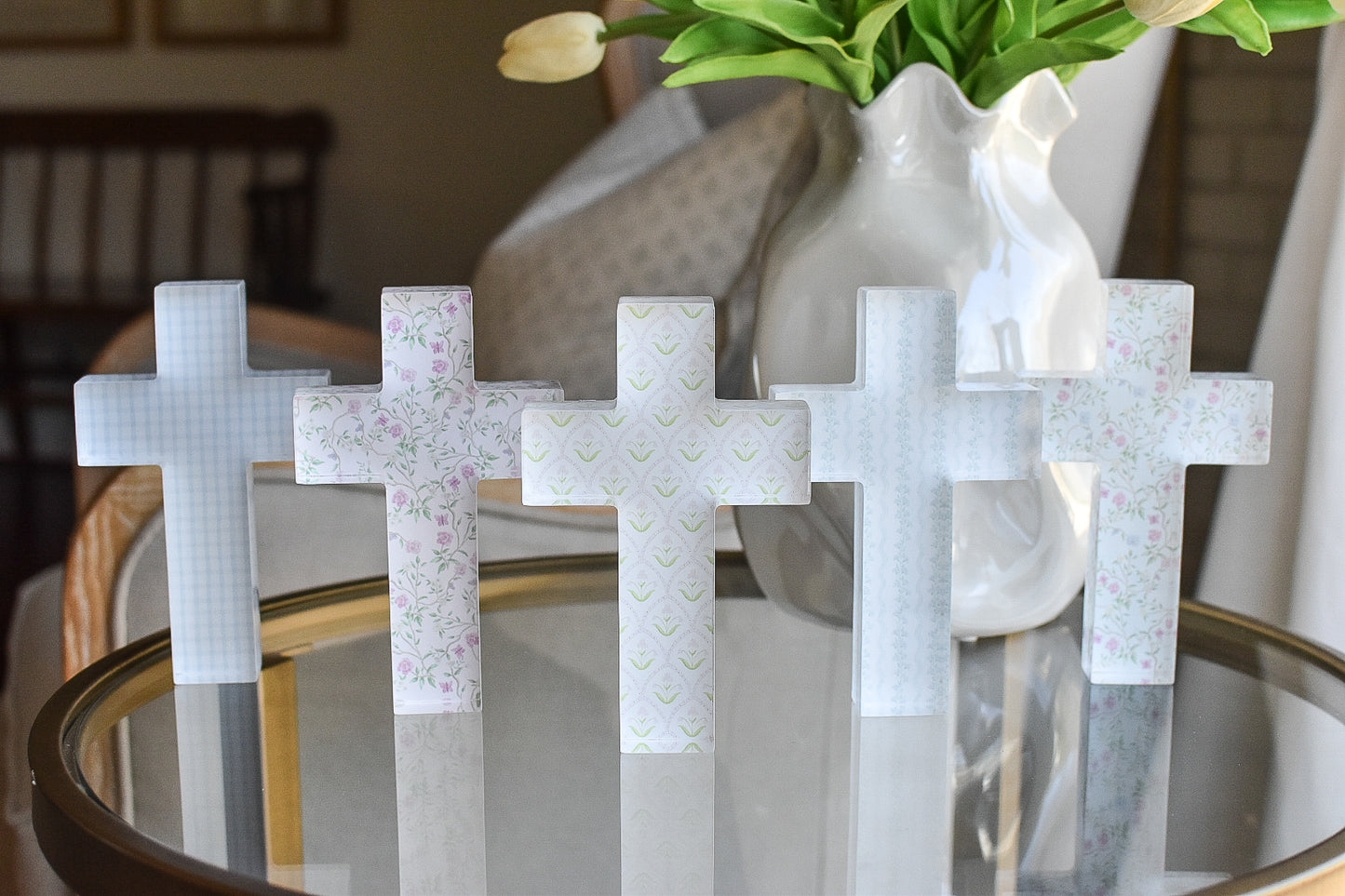 Acrylic Tabletop Cross in Blue Gingham