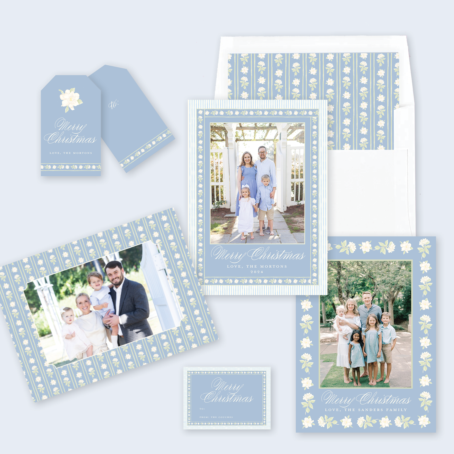 Gardenia Border Christmas Gift Stickers in Dusty Blue