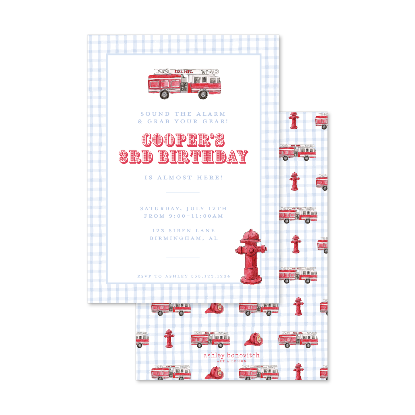 Fire Truck Party Invitation in Gingham