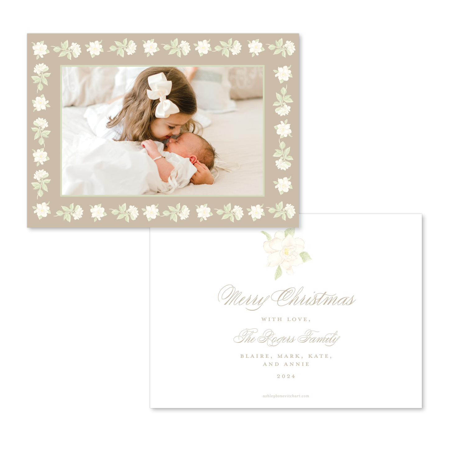 Gardenia Border Christmas Card in Tan - Landscape