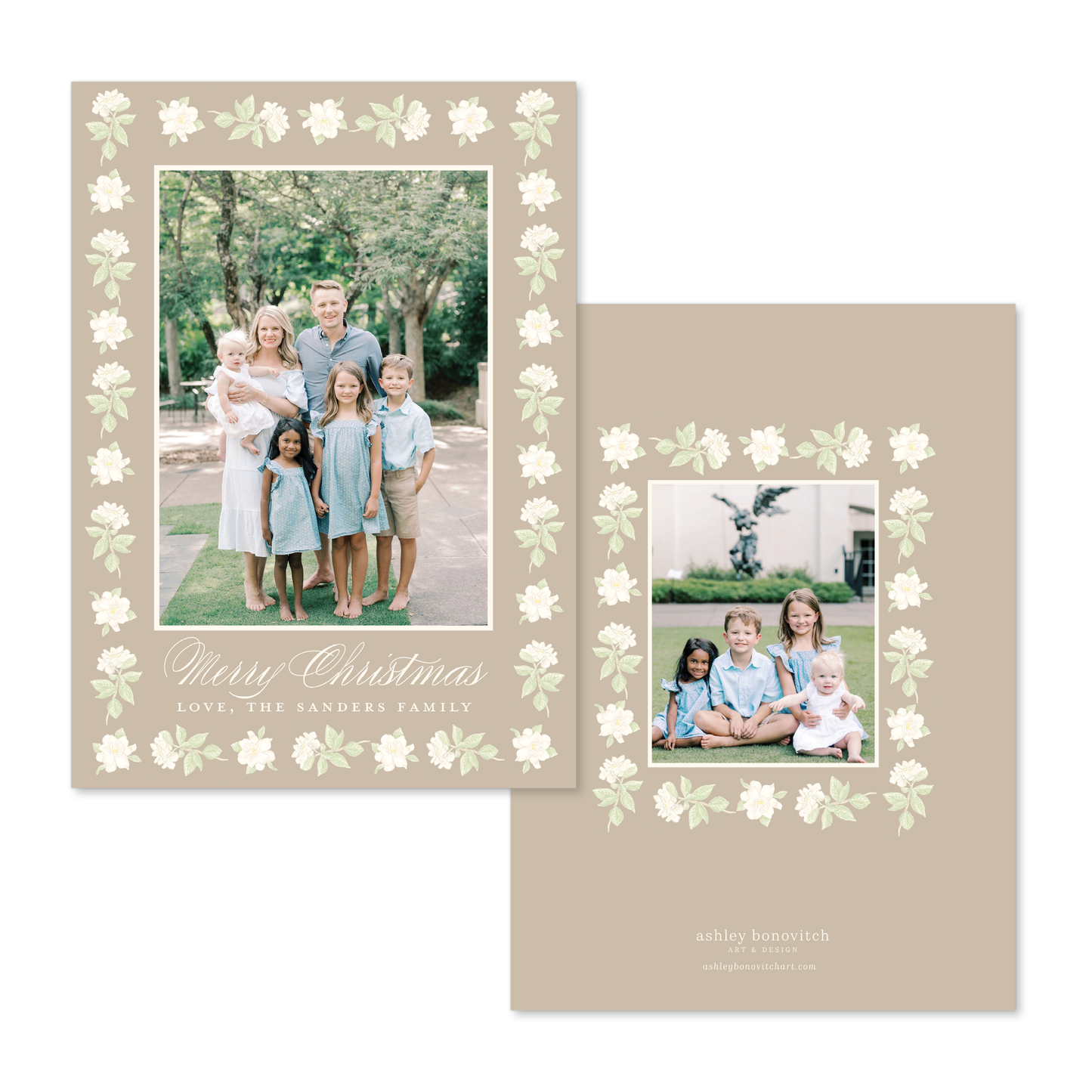 Gardenia Border Christmas Card in Tan