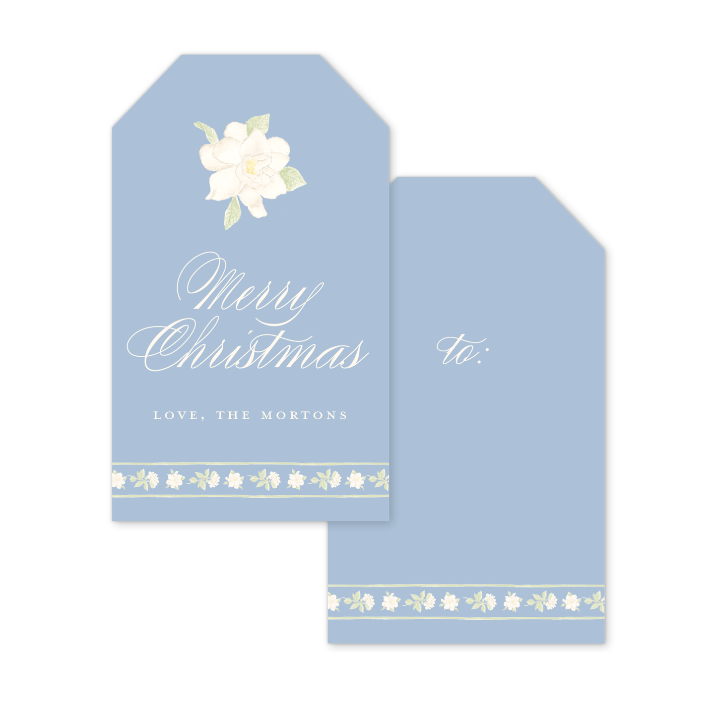 Gardenia Christmas Gift Tags in Dusty Blue