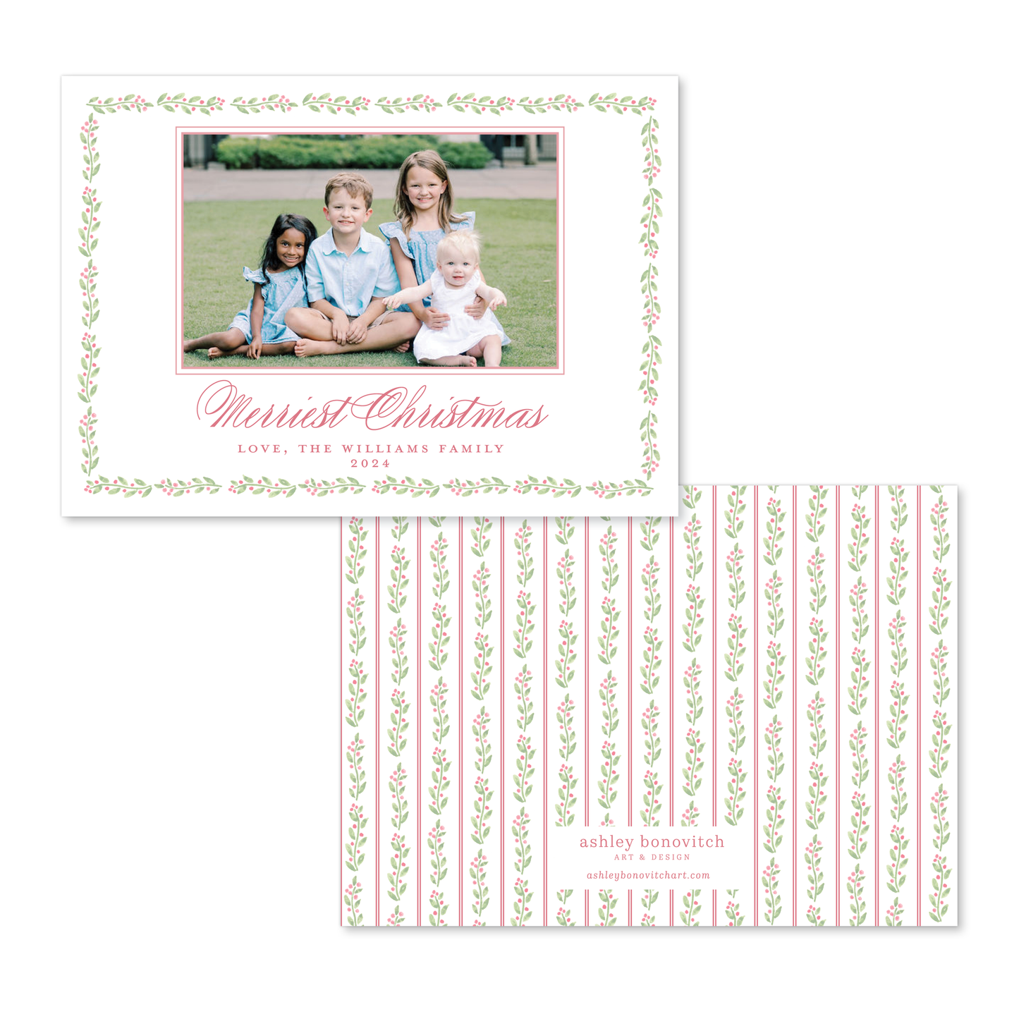 Garland Berries Christmas Card in Red - Landscape