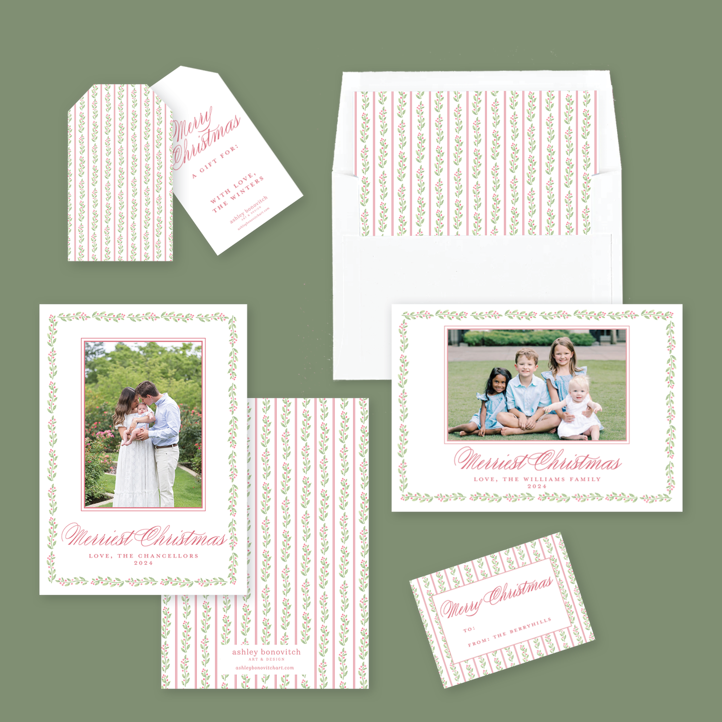 Garland Berries Christmas Card in Red - Landscape
