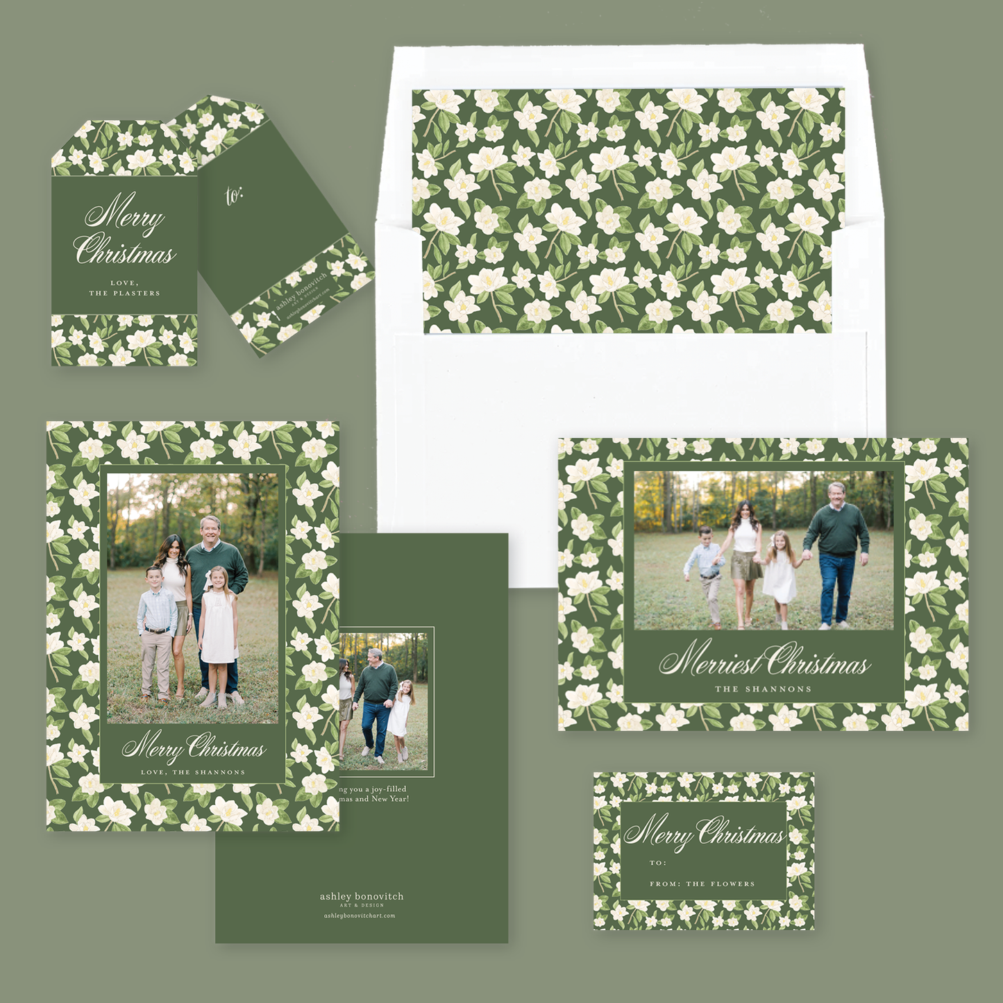 Magnolia Christmas Gift Stickers in Green