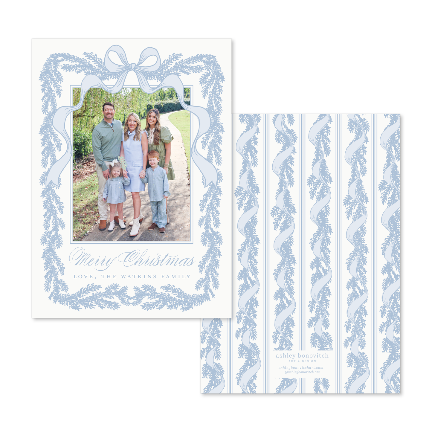 Ribbon Garland Christmas Card in Monochromatic Blue