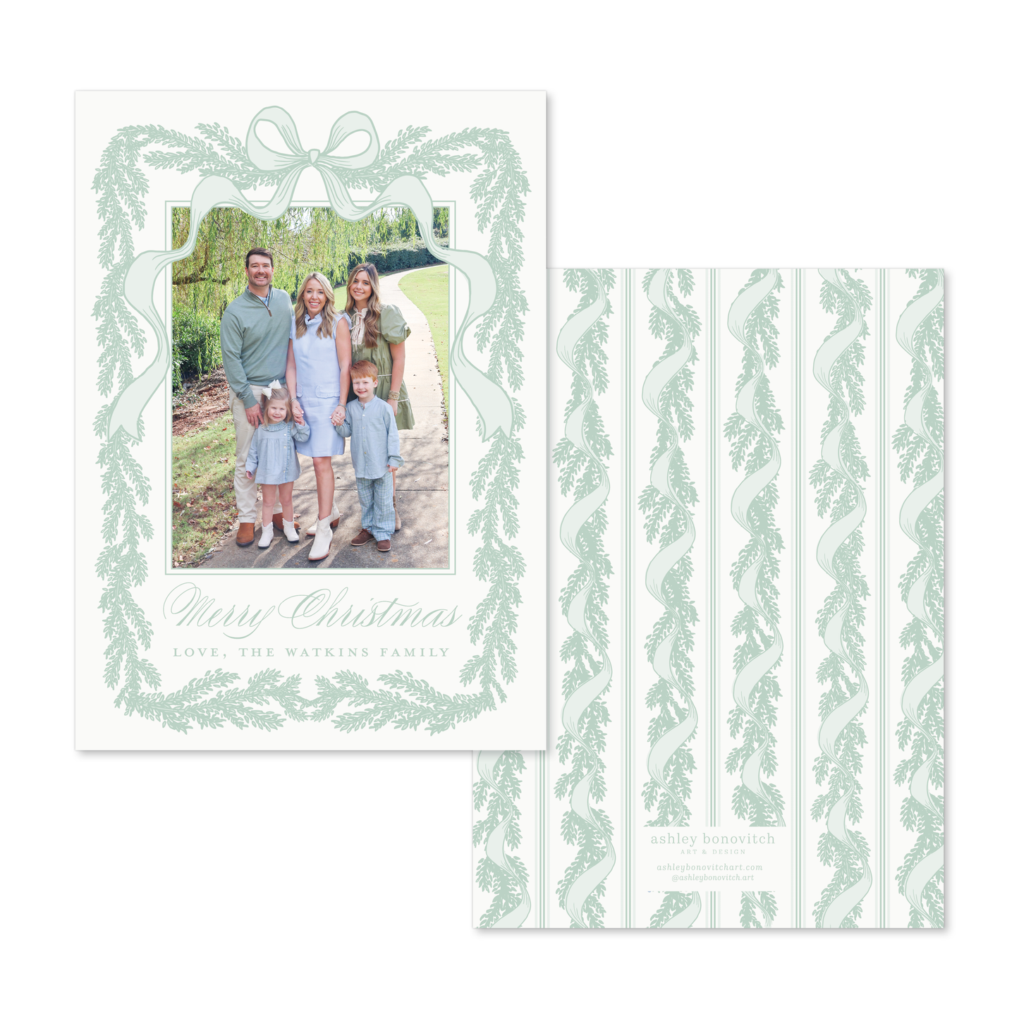 Ribbon Garland Christmas Card in Monochromatic Green