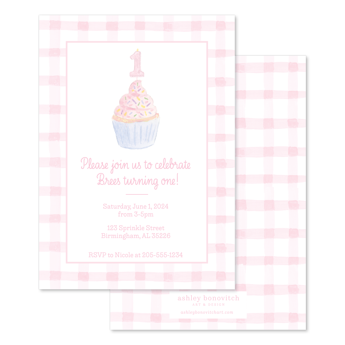 Pink Gingham Cupcake Invitations