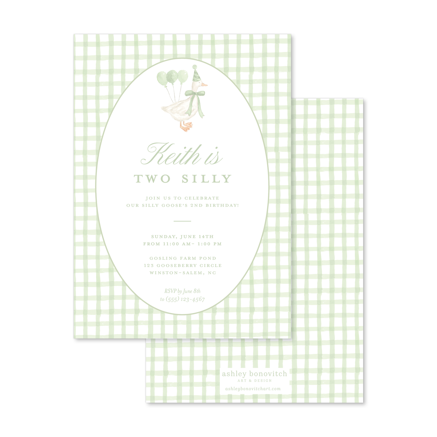 Silly Goose Invitation in Green Gingham