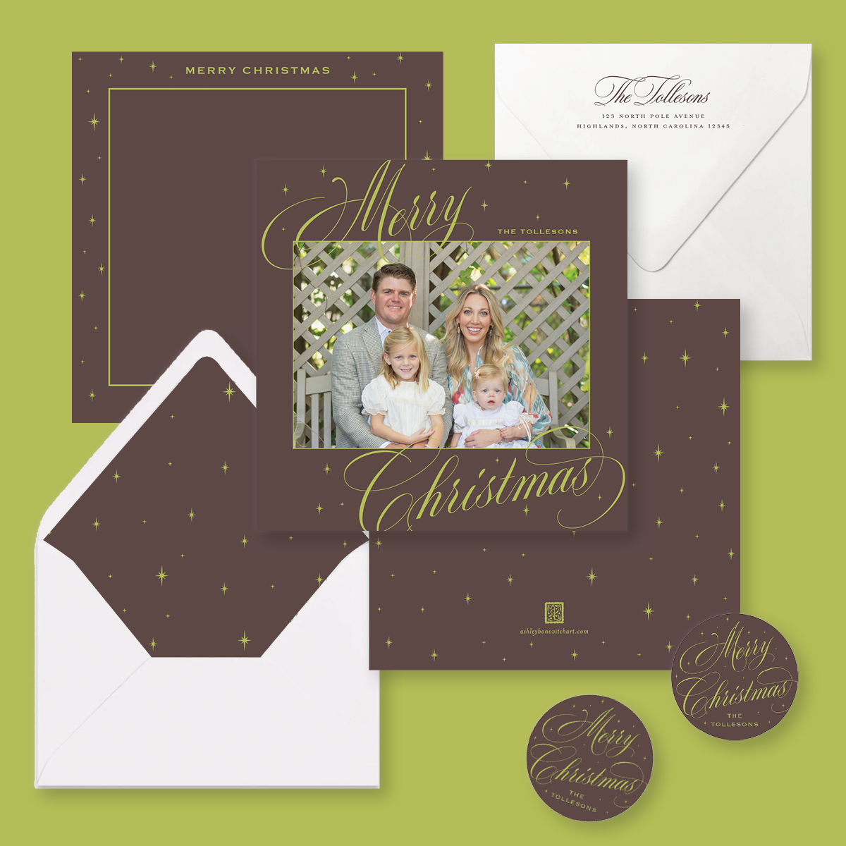 Celestial Square Calligraphy Card in Brown/Chartreuse