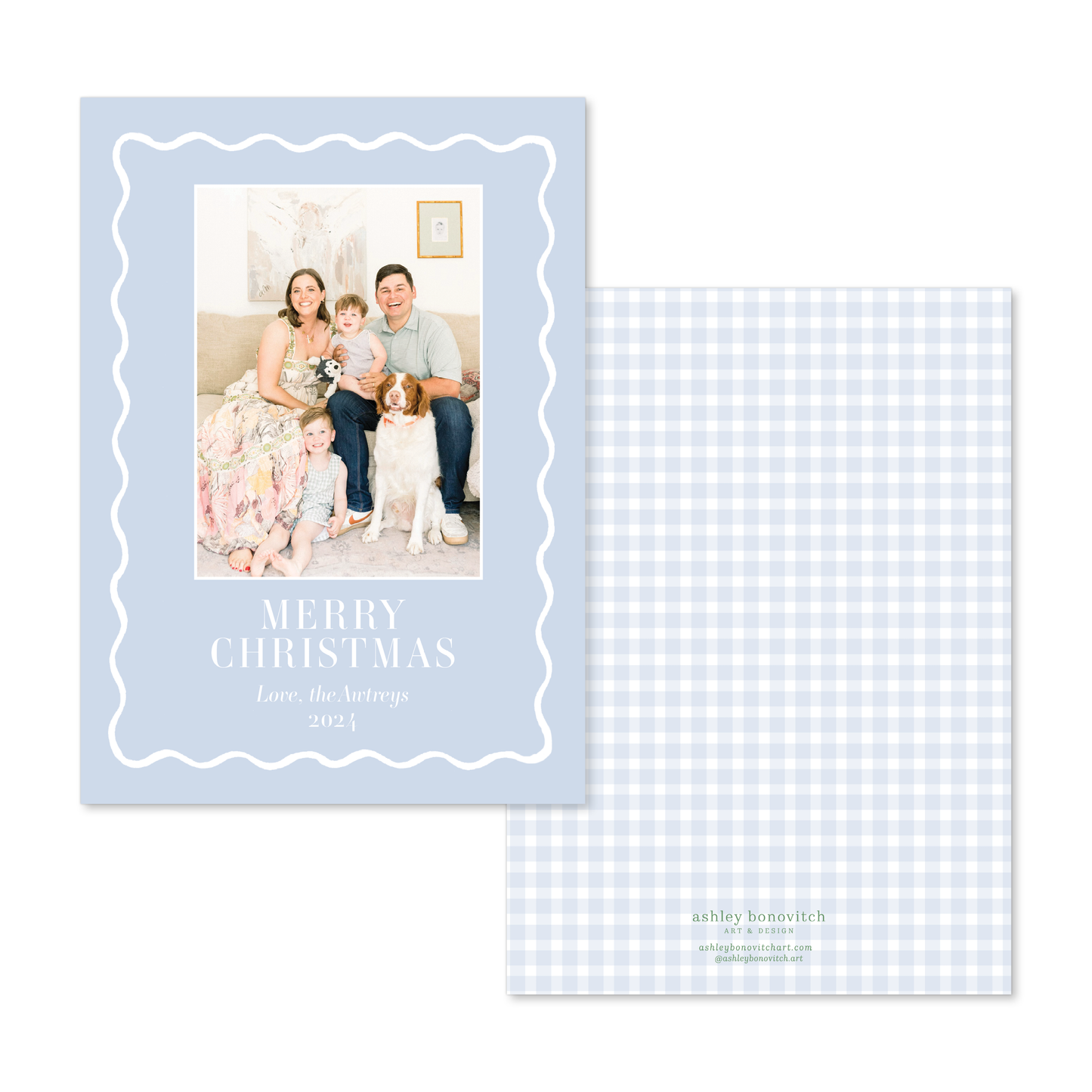 Simple Wavy Blue Border Christmas Card in Portrait