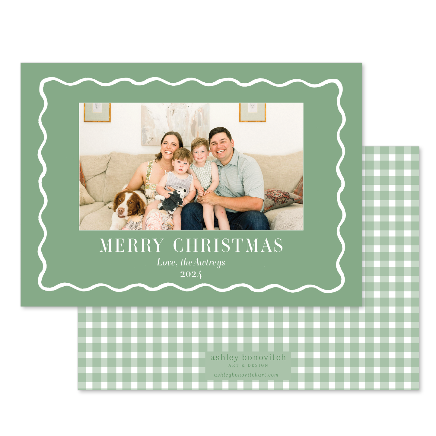 Simple Wavy Green Border Christmas Card in Landscape