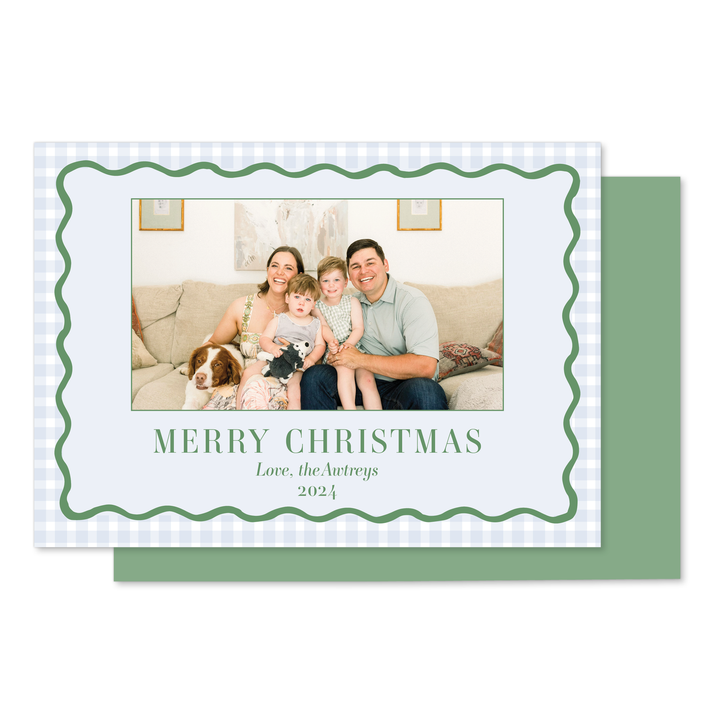 Simple Wavy Blue Gingham Border Christmas Card in Landscape