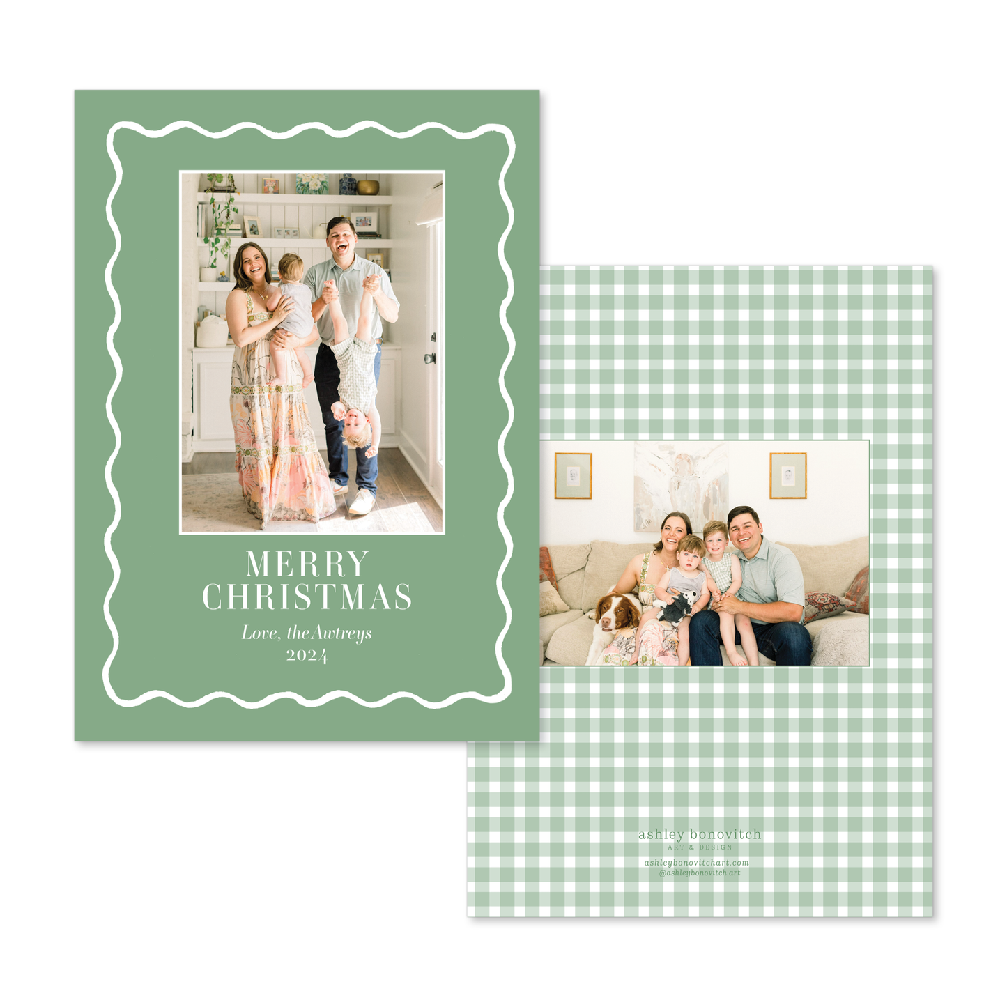Simple Wavy Green Border Christmas Card in Portrait