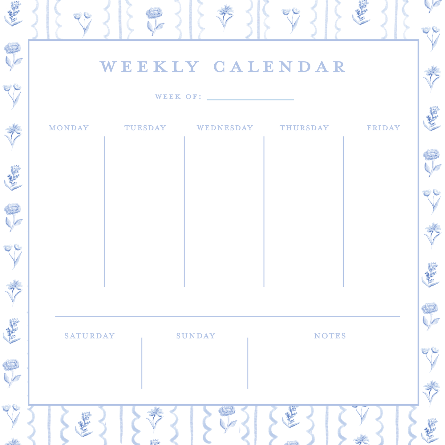 Weekly Calendar Notepad - Blue and White Floral