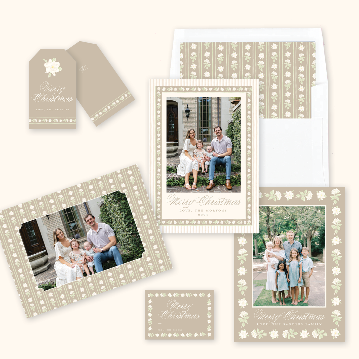 Gardenia Stripes Christmas Card in Tan - Landscape