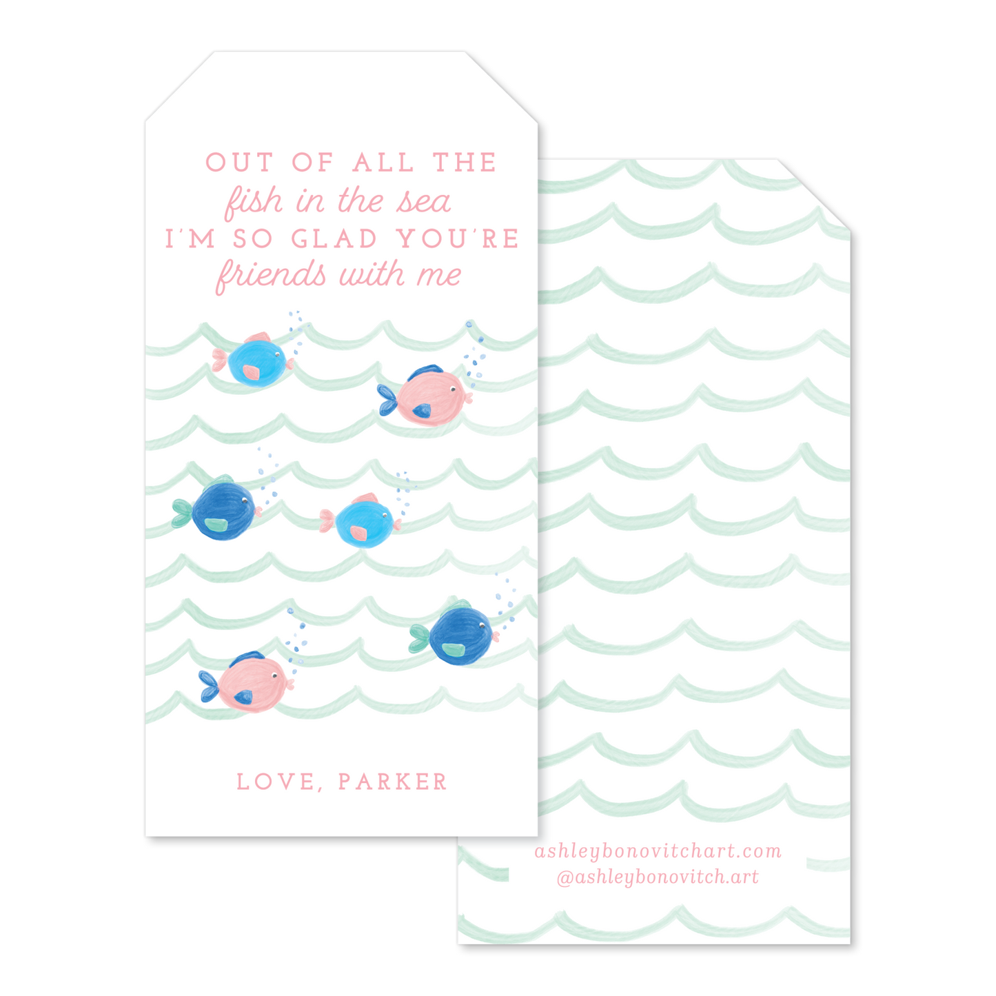 Fish in the Sea Valentines Tags in Pink - Hang Tag