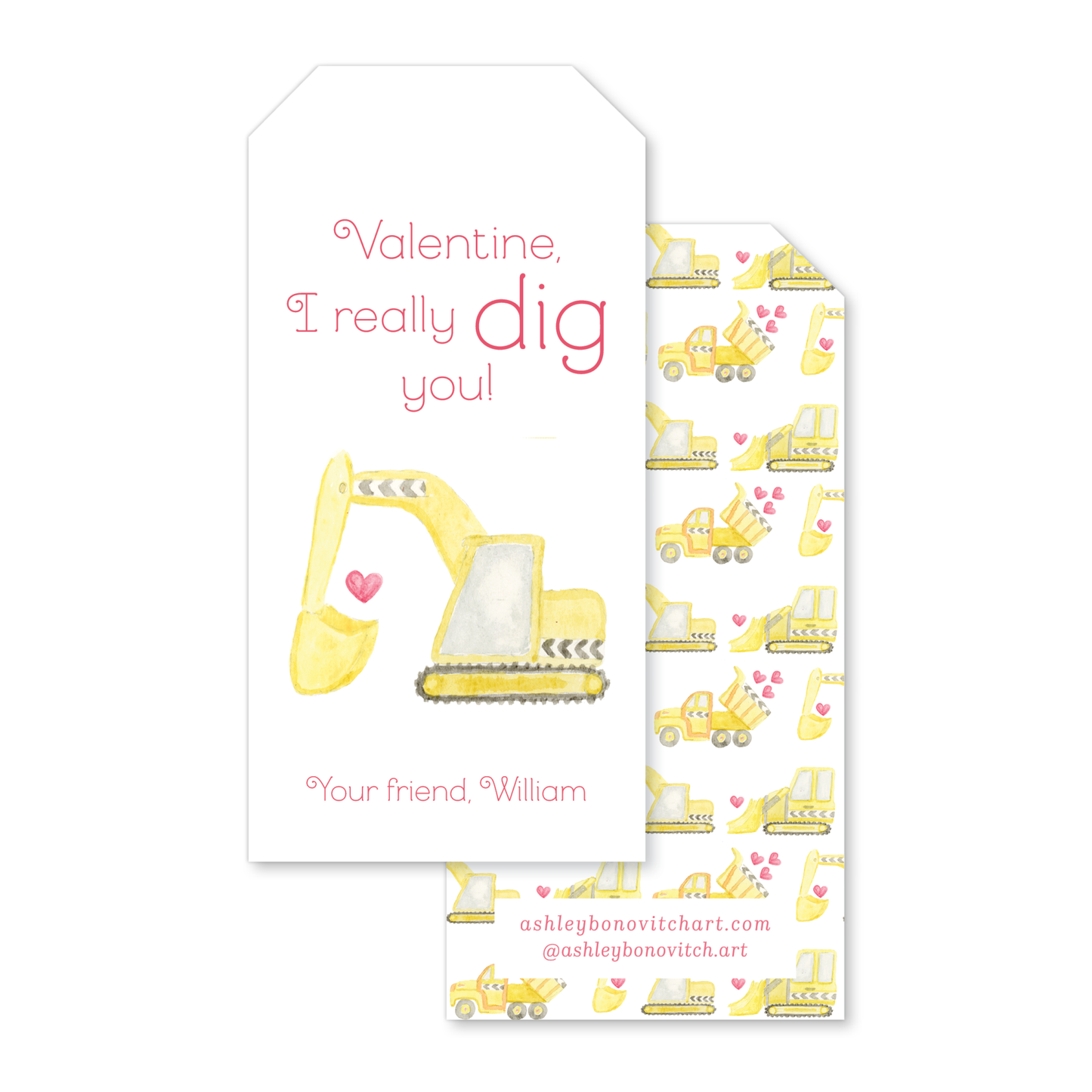 Construction Excavator Valentines Tags