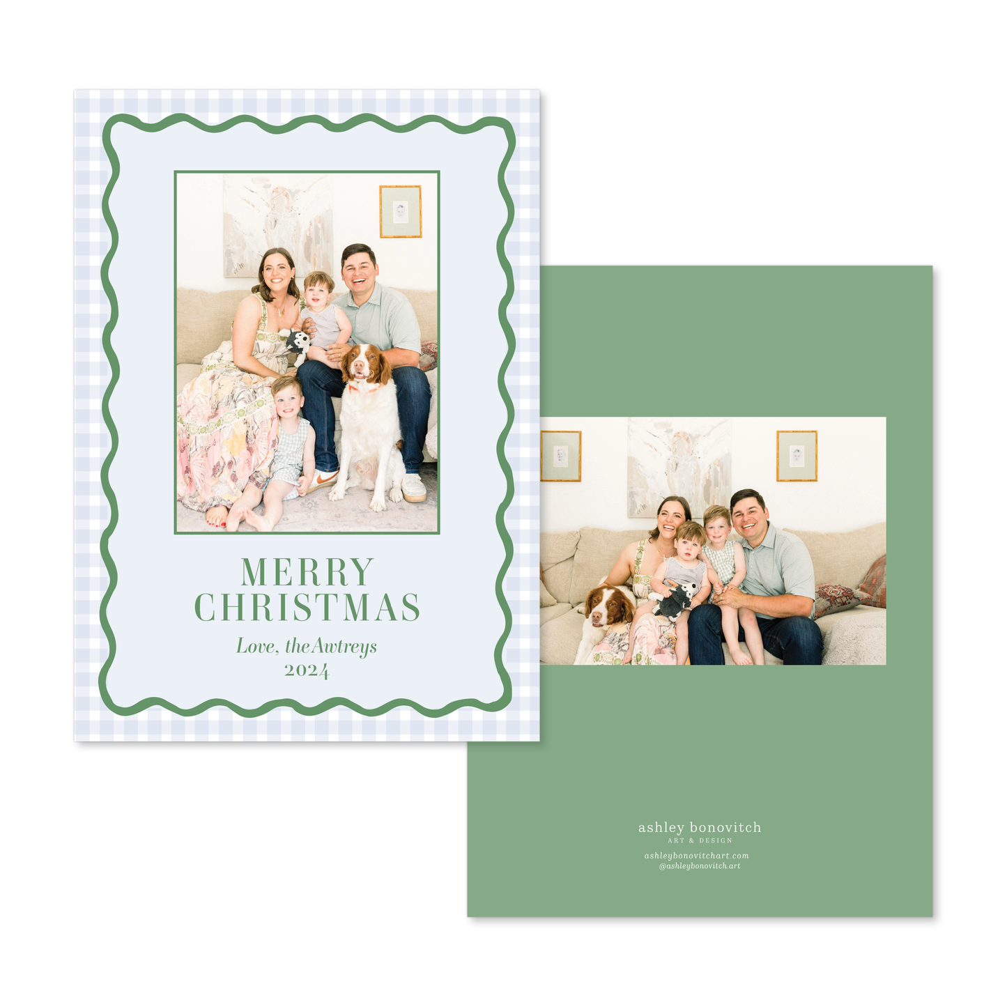 Wavy Blue Gingham Border Christmas Card in Portrait