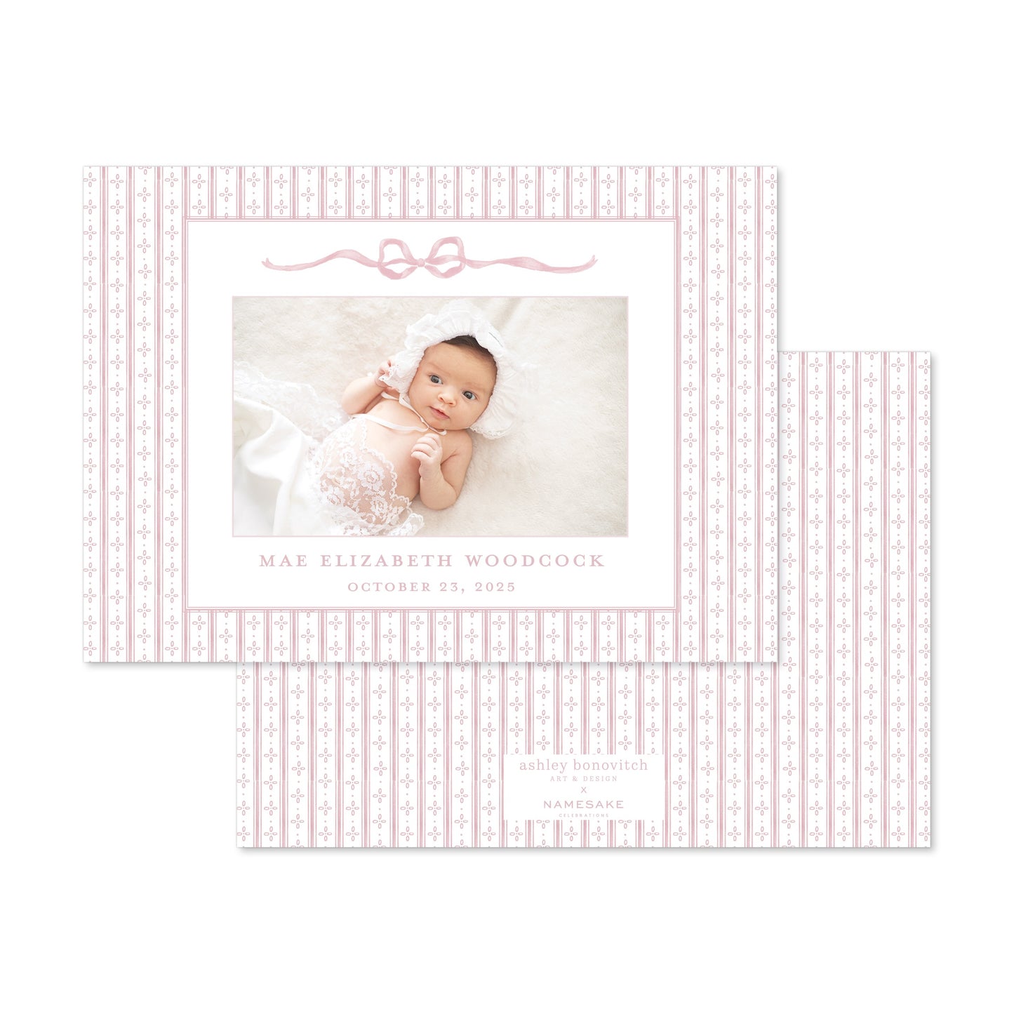 Pink Ticking Stripe Birth Announcement with Bow Landscape - Ashley Bonovitch Art + Design x Namesake Celebrations