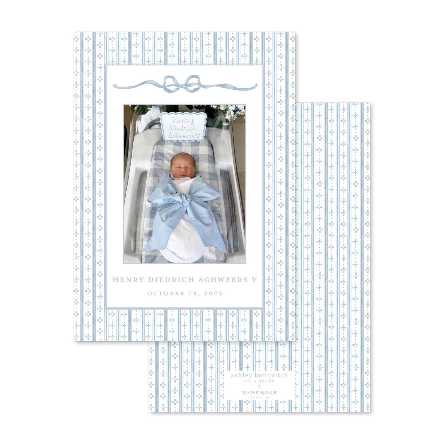 Blue Ticking Stripe Birth Announcement with Bow Portrait - Ashley Bonovitch Art + Design x Namesake Celebrations