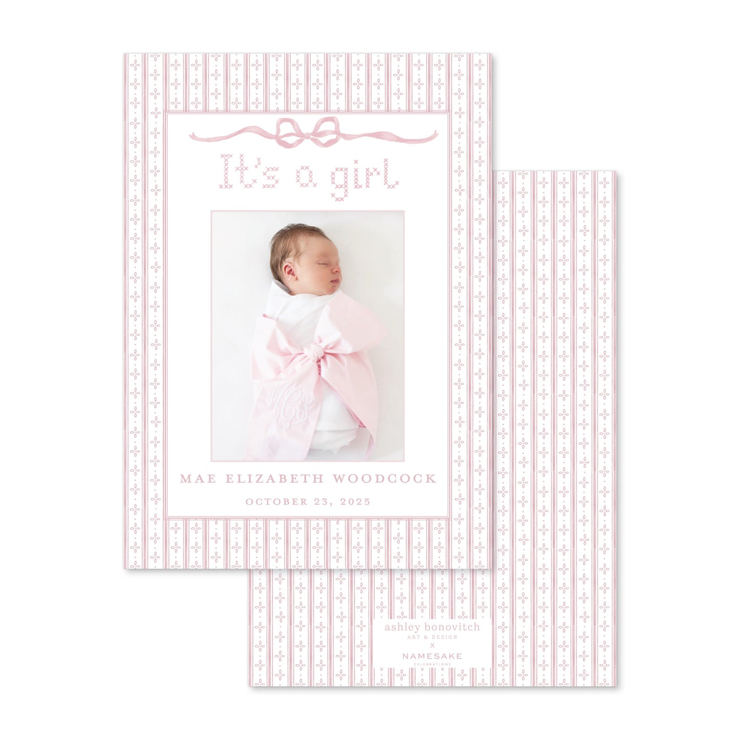 Pink Ticking Stripe Birth Announcement with "It's A Girl" Portrait - Ashley Bonovitch Art + Design x Namesake Celebrations