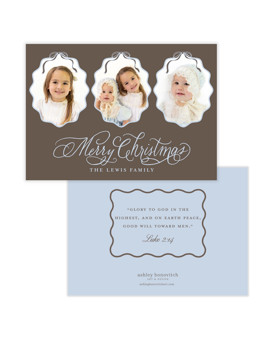 Simple Wavy Calligraphy Christmas Card in Brown With Light Blue Writing Landscape