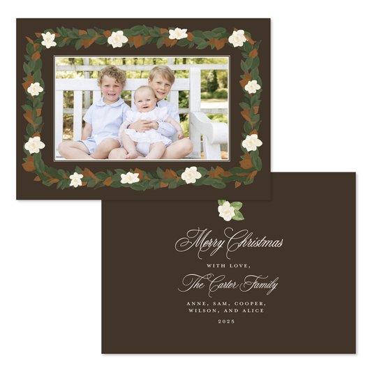 Magnolia Garland Christmas Card in Chocolate - Landscape
